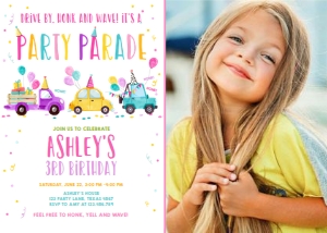 Birthday Invitation Drive By Pink Yellow Balloons Part Hats Vertical Photo design preview
