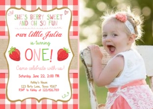 Birthday Invitation Strawberry She's Berry Sweet Pink Photo design preview