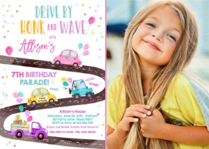 Birthday Invitation Drive By Road Vertical Yellow Pink Photo design preview
