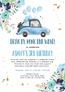 Birthday Invitation Drive By Blue Floral Car Vertical design preview