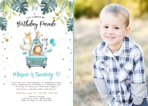 Birthday Invitation Drive By Safari Boy Blue Photo design preview