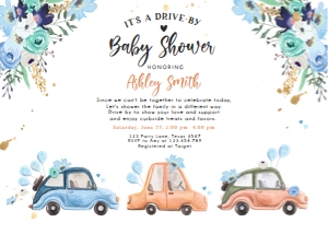 Baby Shower Invitation Drive By Cars Blue Horizontal design preview