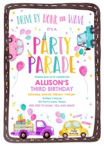 Birthday Invitation Drive By Road Round Vertical Pink Yellow design preview