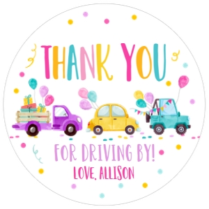 Favor Tags Birthday Drive By Pink Yellow Round: Favor Tags Birthday Drive By Pink Yellow