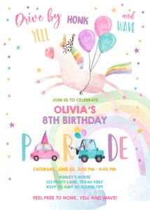 Birthday Invitation Drive By Unicorn Rainbow design preview