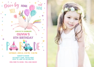 Birthday Invitation Drive By Unicorn - With photo design preview