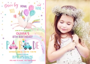 Birthday Invitation Drive By Unicorn Rainbow - With Photo design preview