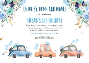 Birthday Invitation Drive By Blue Floral Car Horizontal design preview