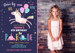 Birthday Invitation Drive By Unicorn Dark Photo design preview