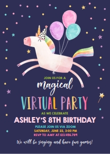 Birthday Invitation Unicorn Virtual Dark design preview