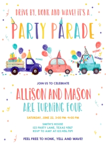 Birthday Invitation Drive By Neutral Balloons Part Hats Vertical design preview