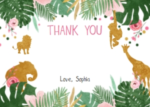 Thank You Card Gold Safari Animals Girl design preview