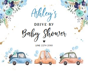 Baby Shower Welcome Sign Drive By Blue Floral Cars 16x20 design preview