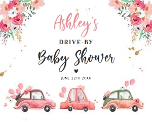 Baby Shower Welcome Sign Drive By Pink Floral Cars 16x20 design preview
