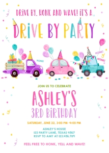 Birthday Invitation Drive By Pink Balloons Part Hats Vertical Drive By Party design preview