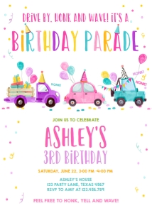 Birthday Invitation Drive By Pink Balloons Part Hats Vertical Birthday Parade design preview