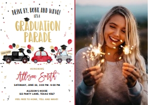 Graduation Invitation Drive By Red Balloons Vertical Photo design preview