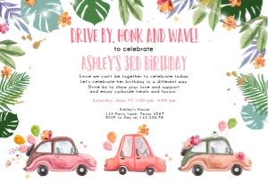 Birthday Invitation Drive By Pink Floral Cars Tropical Horizontal design preview