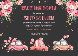 Birthday Invitation Drive By Pink Floral Cars Horizontal Dark design preview