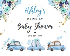 Baby Shower Welcome Sign Drive By Blue Floral Cars 16x20 2 design preview