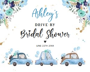 Bridal Shower Welcome Sign Drive By Blue Floral Cars 16x20 2 design preview