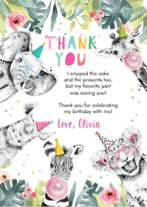 Thank You Card Birthday Party Animals Black and White Girl Vertical design preview