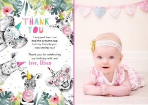 Thank You Card Birthday Party Animals Black and White Girl - Photo design preview