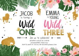 Birthday Invitation Safari Animals Jungle Wild One Young Wild and Three Combined design preview