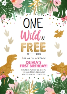 Birthday Invitation One Wild and Free Dinosaur Girl design preview