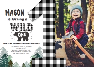 Birthday Invitation Lumberjack Wild One Forest BW Photo design preview
