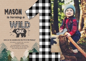 Birthday Invitation Lumberjack Wild One Forest Paper BW Photo design preview