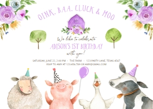 Birthday Invitation Farm Animals Girl Purple design preview
