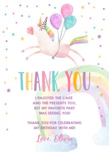 Thank You Card Birthday Unicorn Balloons design preview