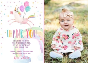 Thank You Card Birthday Unicorn Balloons - With Photo design preview