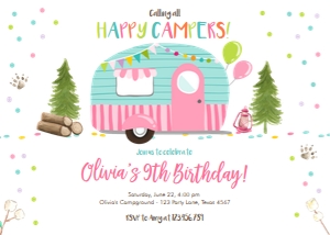 Birthday Invitation Happy Camper Pink Horizontal design preview