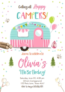 Birthday Invitation Happy Camper Pink Vertical design preview