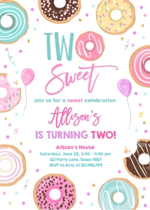 Birthday Invitation Girl Donut Two Sweet design preview