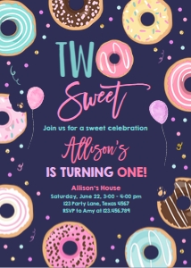 Birthday Invitation Girl Donut Two Sweet Dark design preview
