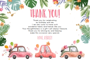 Thank You Card Drive By Pink Floral Cars Tropical Horizontal design preview
