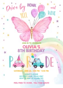 Birthday Invitation Drive By Butterfly Rainbow design preview