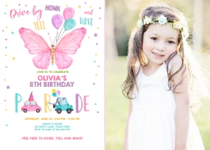 Birthday Invitation Drive By Butterfly - With Photo design preview