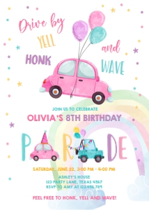 Birthday Invitation Drive By Car Balloons Pink design preview