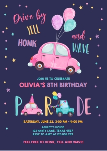 Birthday Invitation Drive By Car Balloons Pink Dark design preview