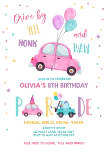 Birthday Invitation Drive By Car Balloons Pink v2 design preview