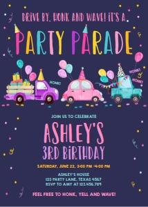 Birthday Invitation Drive By Pink Balloons Part Hats Vertical Dark design preview
