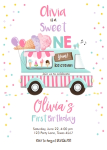 Birthday Invitation Ice Cream Truck Girl Vertical Sweet One design preview