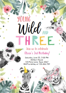 Birthday Invitation Wild Three Animals Panda Black and White Pink Vertical design preview