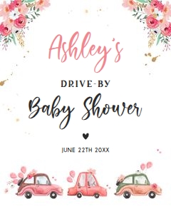 Baby Shower Welcome Sign Drive By Pink Floral Cars 16x20 Vertical design preview