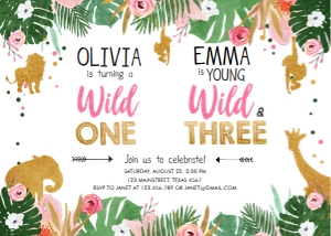Birthday Invitation Safari Animals Jungle Wild One Young Wild and Three Girls Combined design preview