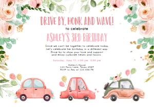 Birthday Invitation Drive By Coral Floral Cars Horizontal design preview